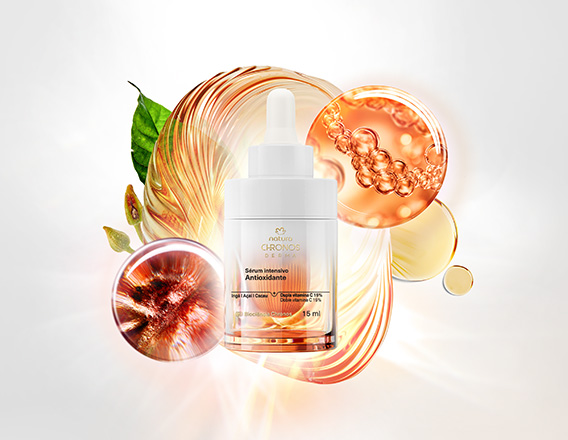 Novo Sérum Intensivo Antioxidante aparece em destaque no centro da tela sobre ativos e ingredientes da exclusiva tecnologia Natura Chronos Derma em fundo iluminado com tons de branco e laranja claro.