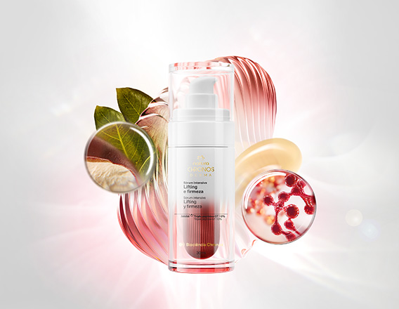 Novo Sérum Intensivo Lifting e Firmeza em destaque no centro da tela sobre ativos e ingredientes da exclusiva tecnologia Natura Chronos Derma em fundo iluminado com tons de branco e rosa claro.