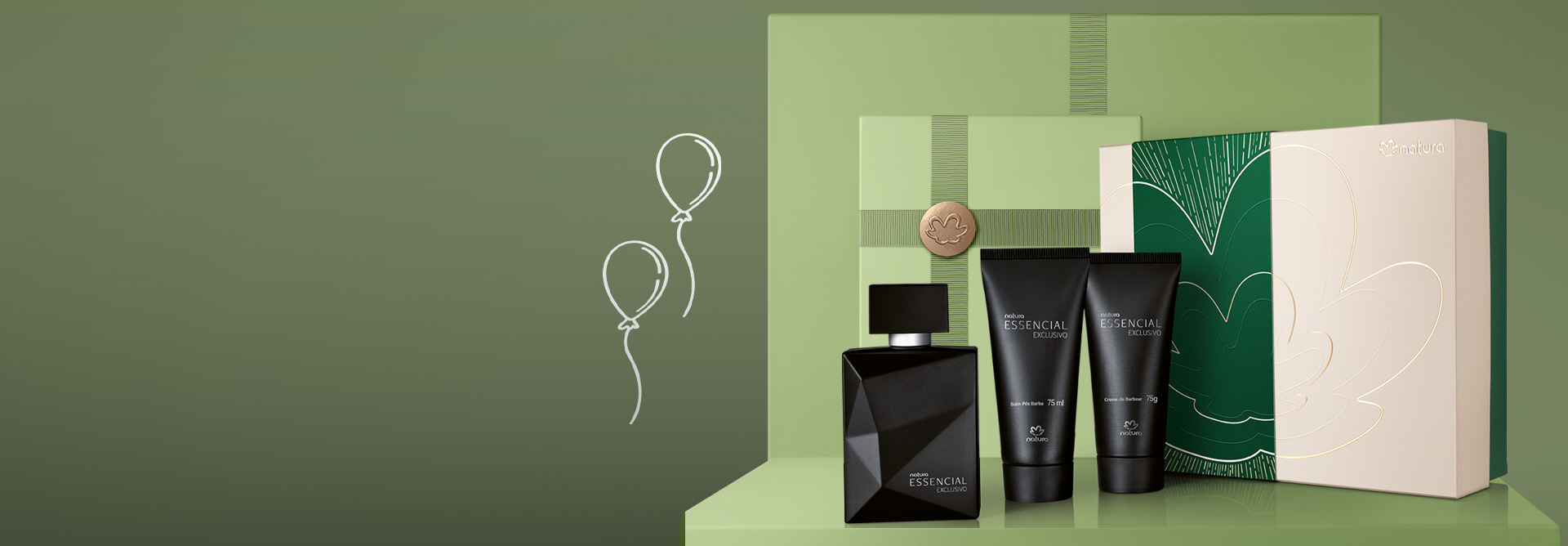 Presente Essencial Exclusivo Masculino com Deo Parfum, Creme de Barbear e Balm Pós-barba sobre caixas e fundo verde-claros.