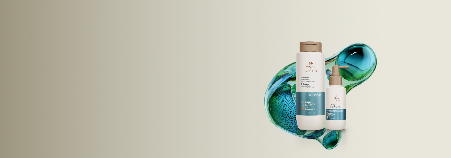 Imagem com fundo cinza e dois produtos de Lumina Anticaspa, com tecnologia da linha atrás.