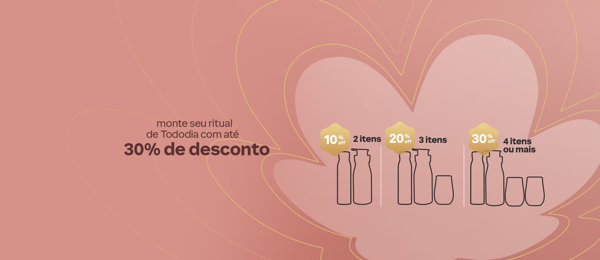 Silhuetas dos produtos Natura centralizadas na flor da marca Natura em tons de rosa, com as condições de desconto progressivo.