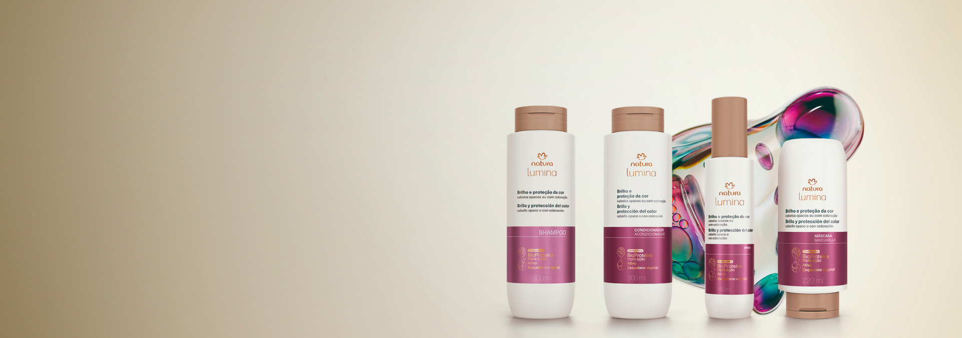 Fundo claro com linha Natura Lumina Brilho e Proteção da cor à esquerda e partícula que destaca a tecnologia do produto