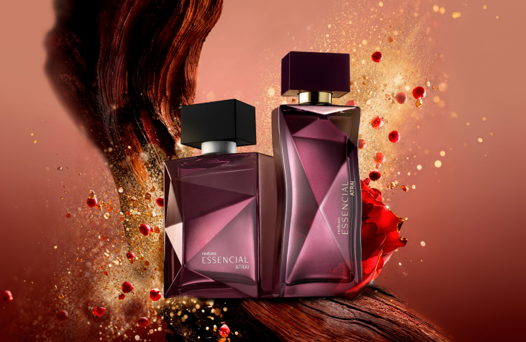 Os melhores perfumes nacionais: Essencial Atrai Feminino e Masculino posicionados lado a lado