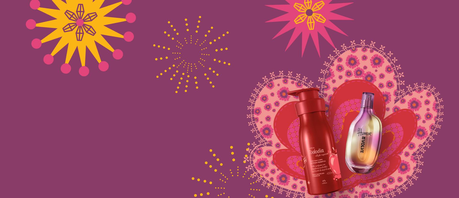 Produtos Natura sobre rosácea da marca Natura em diferentes padronagens em tons de rosa e vermelho, em fundo roxo com ilustrações de fogos de artifício.