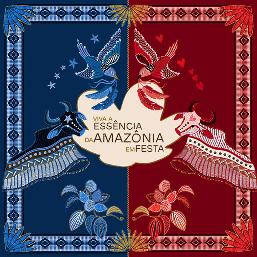 Frase "Viva a essência da Amazônia em festa" dentro da rosácea Natura cercada de elementos dos bois Garantido, à direita em vermelho, e Caprichoso, à esquerda em azul.