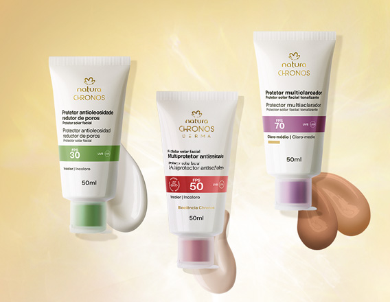 Foto com 3 produtos Chronos, incluindo um Protetor Antioleosidade Redutor de Poros FPS 30, um Protetor Multiclareador FPS 70 e um Multiprotetor Antissinais FPS 50.