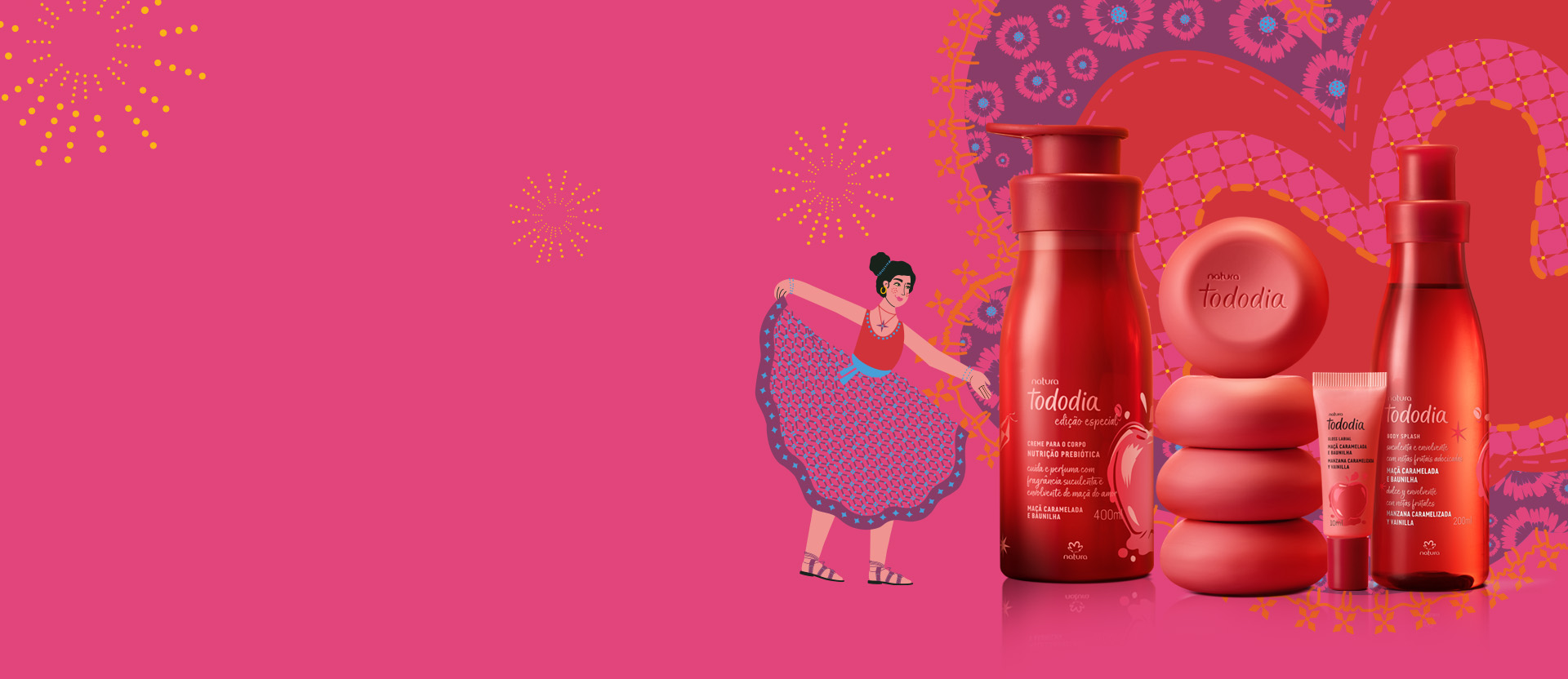 Produtos Natura Tododia sobre fundo rosa com ilustrações de temas juninos.