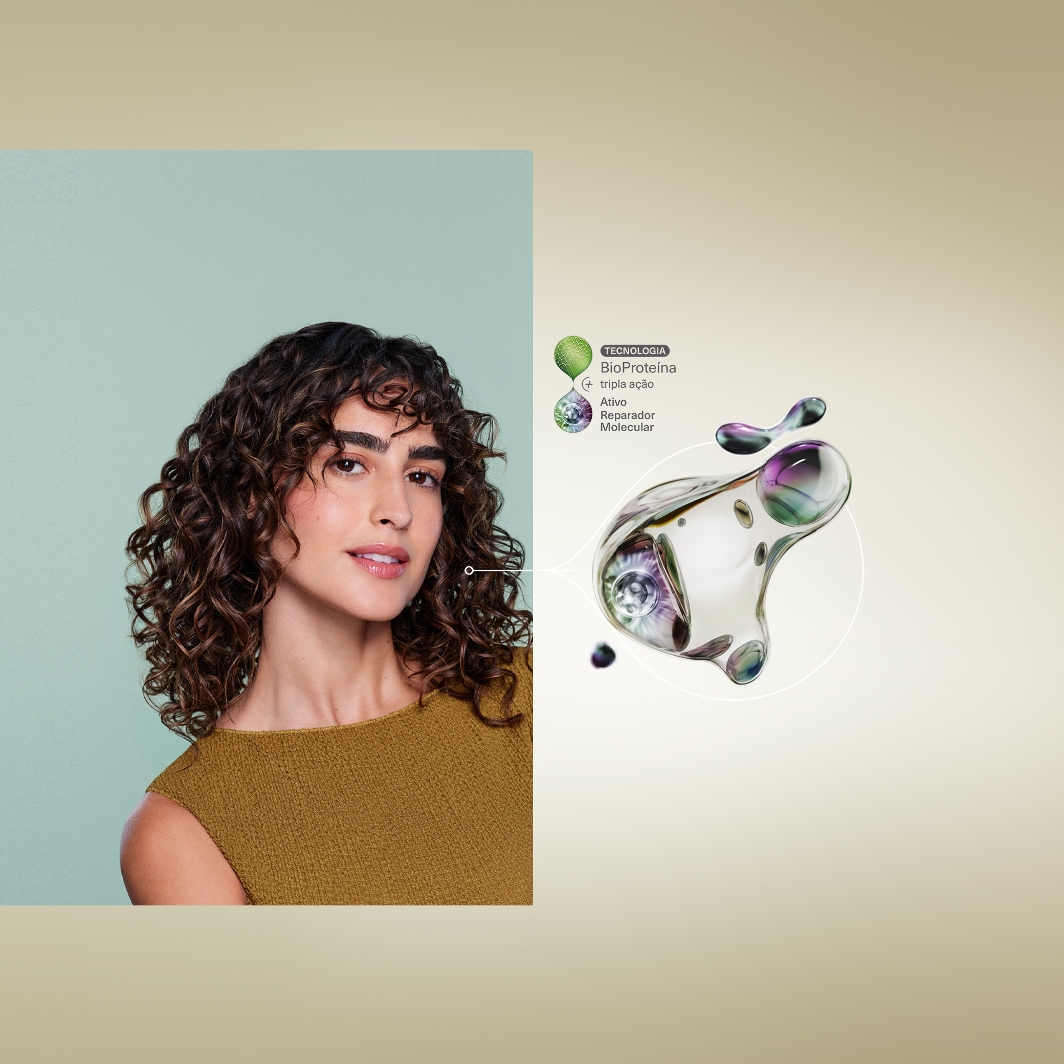 Mulher de pele branca e cabelo castanho cacheado. Ao lado há uma ilustração abstrata que representa a tecnologia Lumina e o selo Bioproteína Tripla Ação e Ativo Reparador Molecular. 