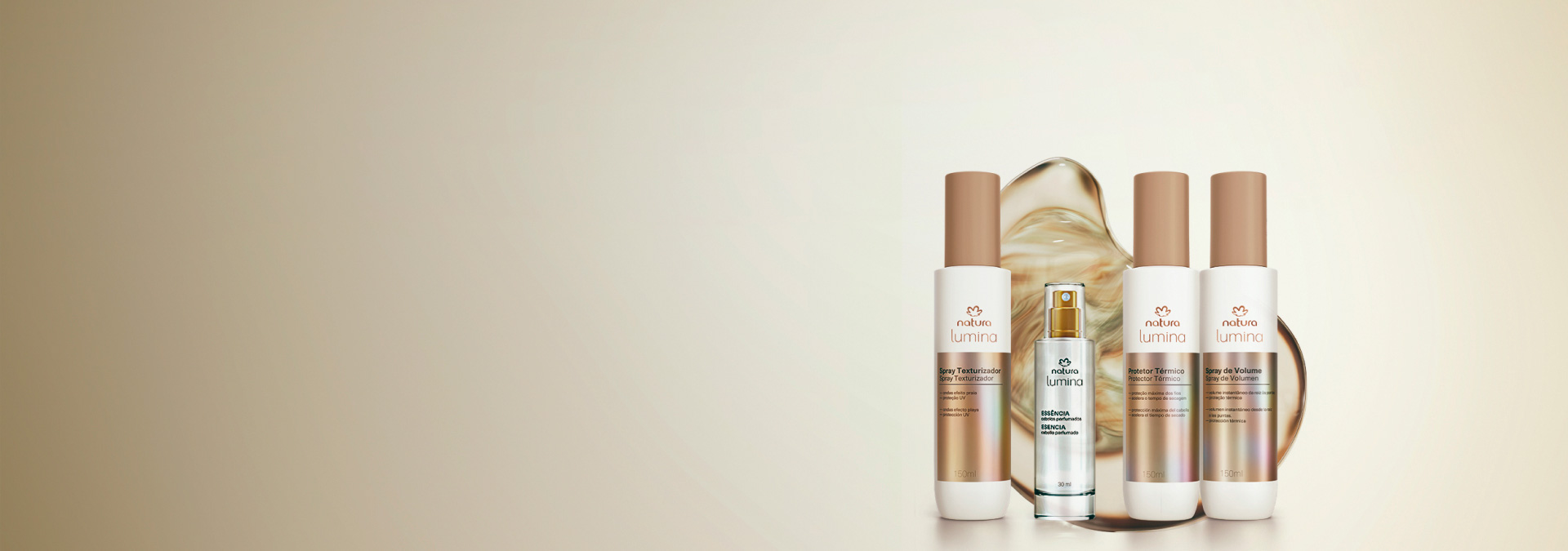 Fundo claro com produtos para finalização dos cabelos Natura Lumina e partícula que destaca tecnologia dos produtos
