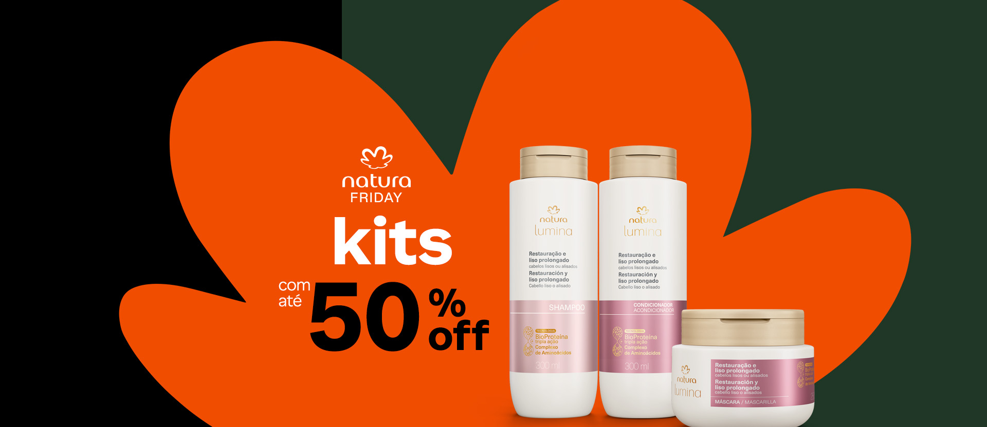 Três produtos da linha Natura Lumina, dois frascos brancos e um pote, estão sobre fundo laranja com flor símbolo da Natura. Texto: Natura Friday, kits com até 50% off.