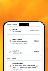 Imagem de celular exibe a tela de opções de entrega do app Natura, com as opções de entrega normal, super expressa, agendada e a opção de retirada da compra em uma loja física Natura. Fundo amarelo.