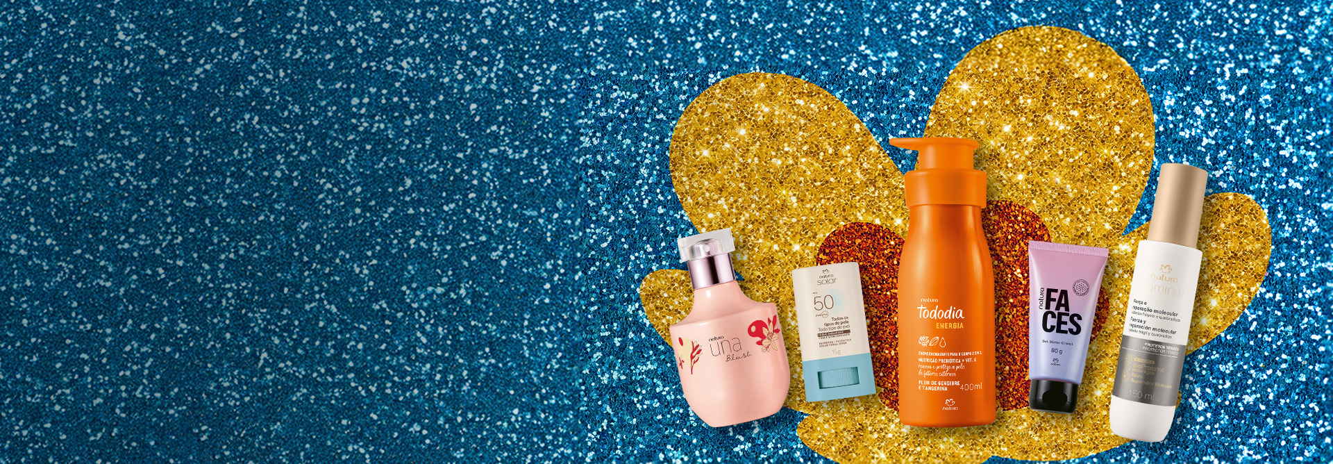 Deo Parfum Una Blush, Protetor Solar Facial Stick, Creme para o Corpo Tododia Flor de Gengibre e Tangerina, Gel Glitter Corporal Faces e Protetor Térmico Lumina sobre fundo colorido com glitter.