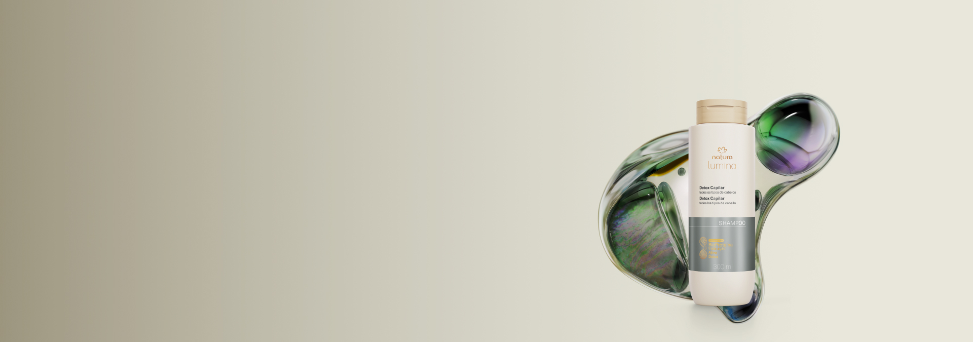 Imagem com fundo cinza e shampoo de Lumina Detox Capilar, com tecnologia da linha atrás.