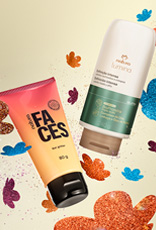 Bisnaga degradê laranja do Gel Glitter Faces e frasco bege com rótulo verde da Gelatina Definição Intensa Lumina. Fundo claro com a flor símbolo da Natura aplicada em diferentes cores com glitter.