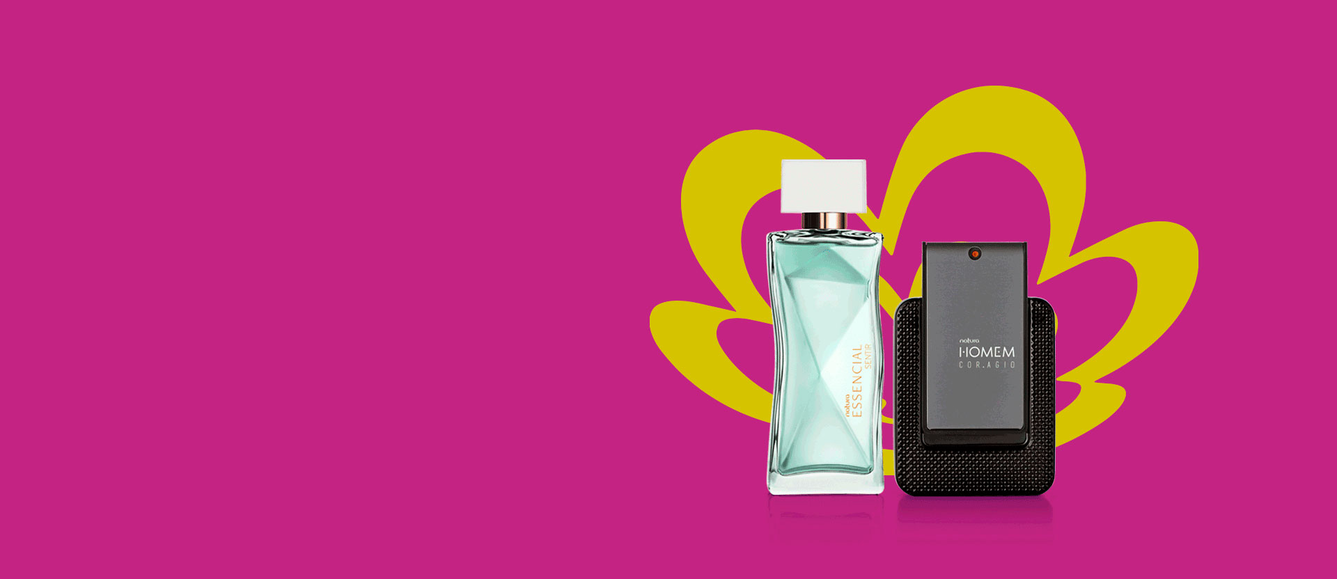 Produtos Natura em destaque sobre fundo magenta e rosácea amarela. Os produtos aparecem em duplas, intercaladas em uma animação. No frame 1 temos Natura Essencial Sentir Feminino e Natura Homem Cor.agio, no frame 2 temos Ilía Plena e Kaiak Pulso e no frame 3 temos um Body Splash e um Creme para o Corpo, ambos de Tododia Morango e Baunilha Dourada