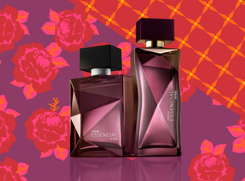 Fragrâncias Natura Essencial Atrai com fundo de flores e padrões de estampas juninas.