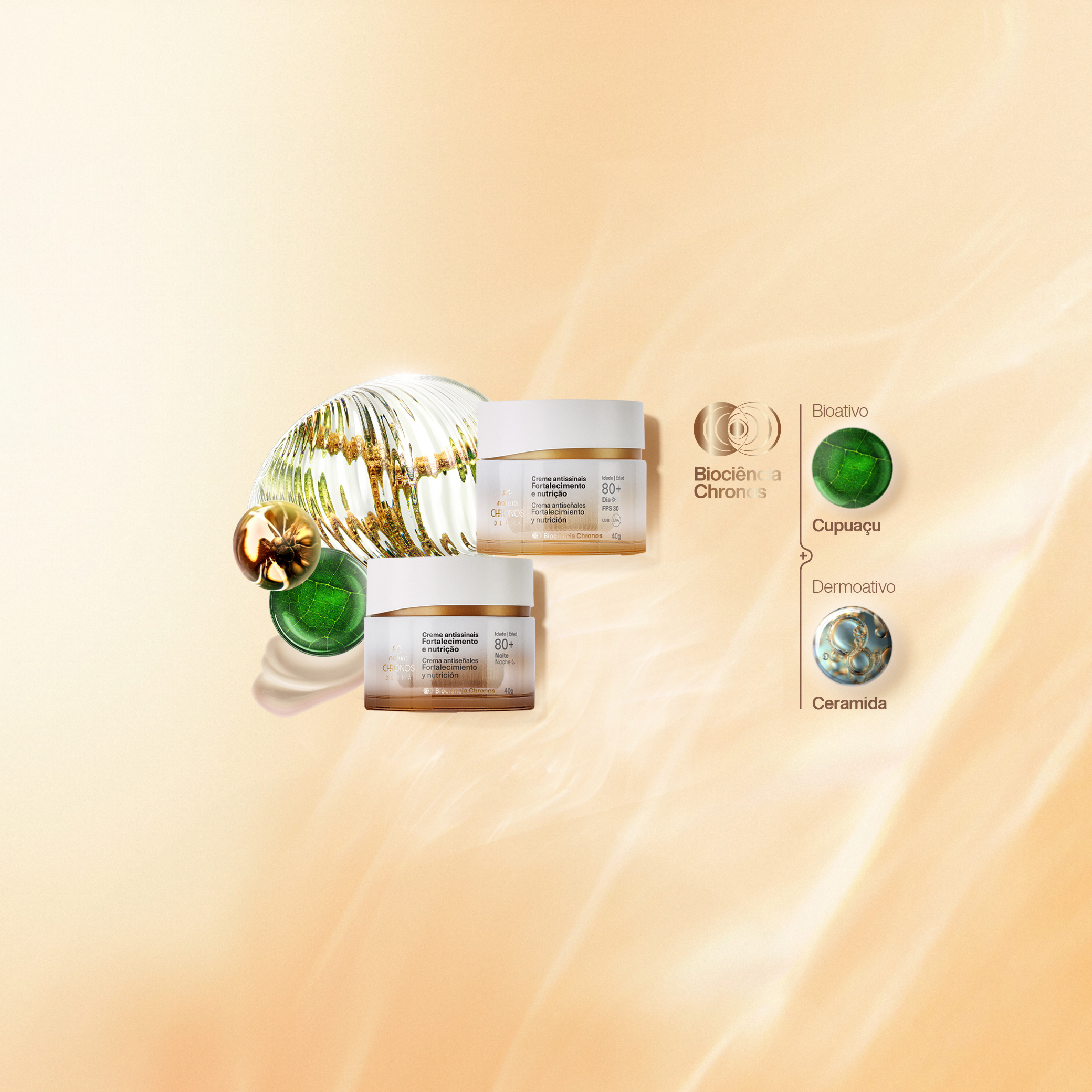 2 potes de Natura Chronos, 1 do Creme Antissinais 80+ dia e outro do 80+ noite. Fundo bege e elementos fazendo referência aos ingredientes: bioativo cupuaçu e dermoativo ceramida.