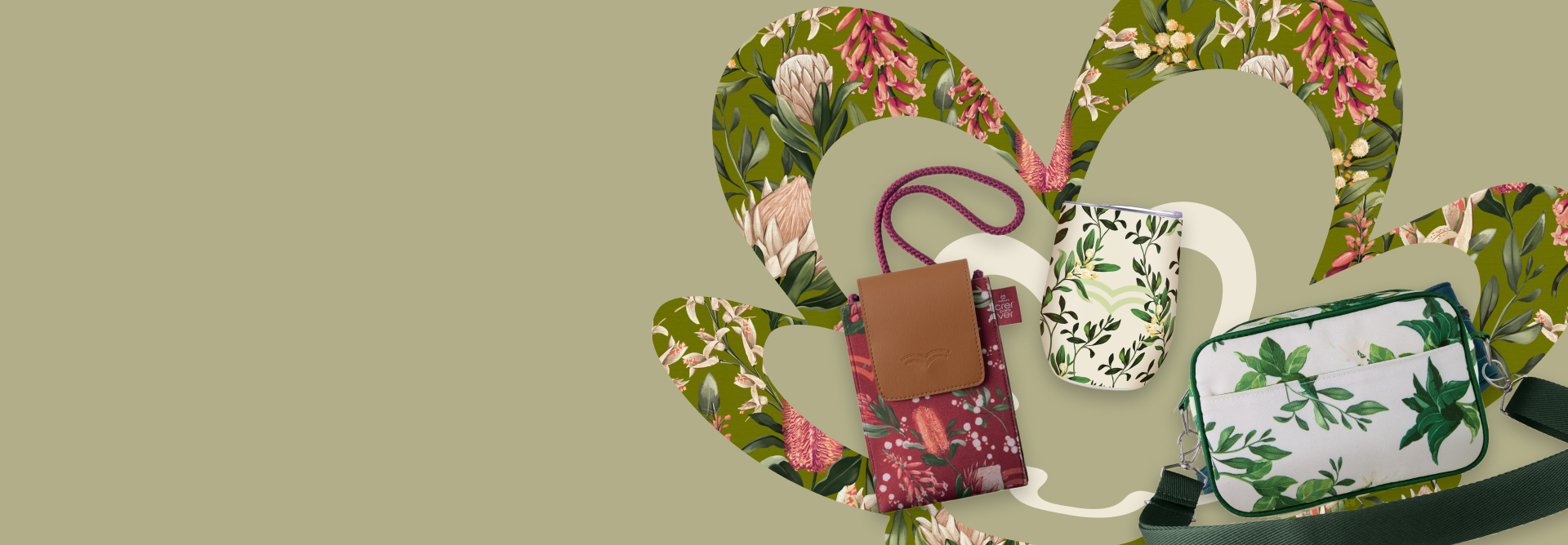 3 produtos de Natura Crer para Ver, incluindo uma bolsa tiracolo, um copo térmico e um nécessaire. Todos os produtos possuem ilustrações de flores. Fundo verde com flores e a flor símbolo da Natura.