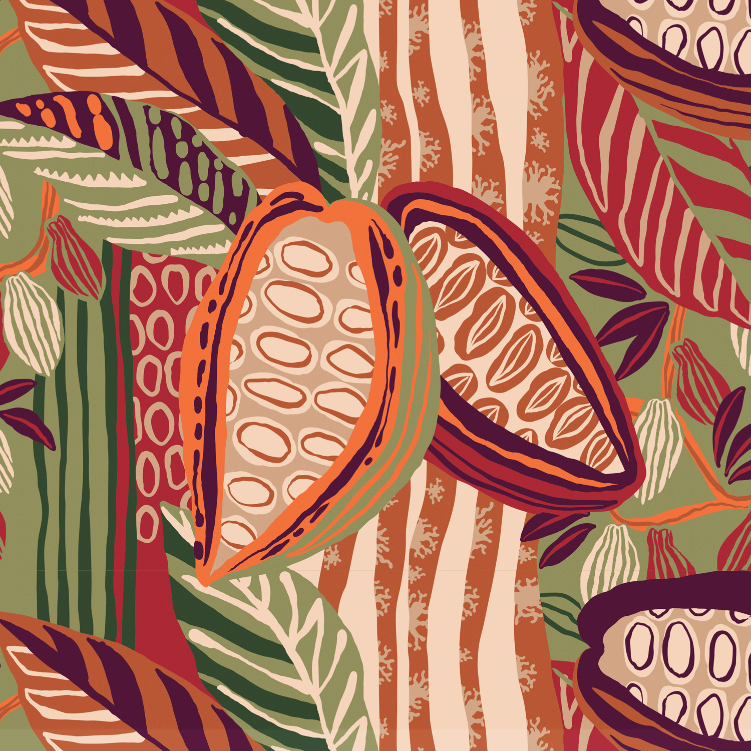 Ilustração supercolorida com traços em pinceladas orgânicas simbolizando o cacau amazônico, com folhas e frutos em tons de verde, vermelho, laranja e bege.
