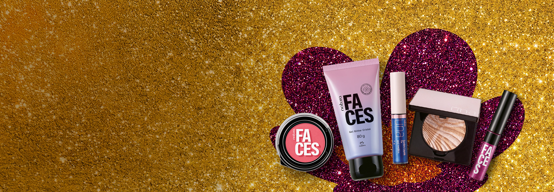 5 produtos de Faces e Una, incluindo sombra em pó, sombra líquida, batom líquido, pó e glitter corporal. Estão em fundo glitter amarelo com a flor símbolo da Natura aplicada em glitter laranja e rosa.