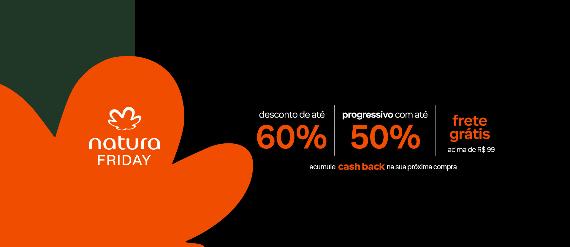 Selo Natura Friday em fundo laranja. Texto em fundo preto: desconto de até 60%; progressivo com até 50%; frete grátis acima de R$ 99; acumule cashback na sua próxima compra. 