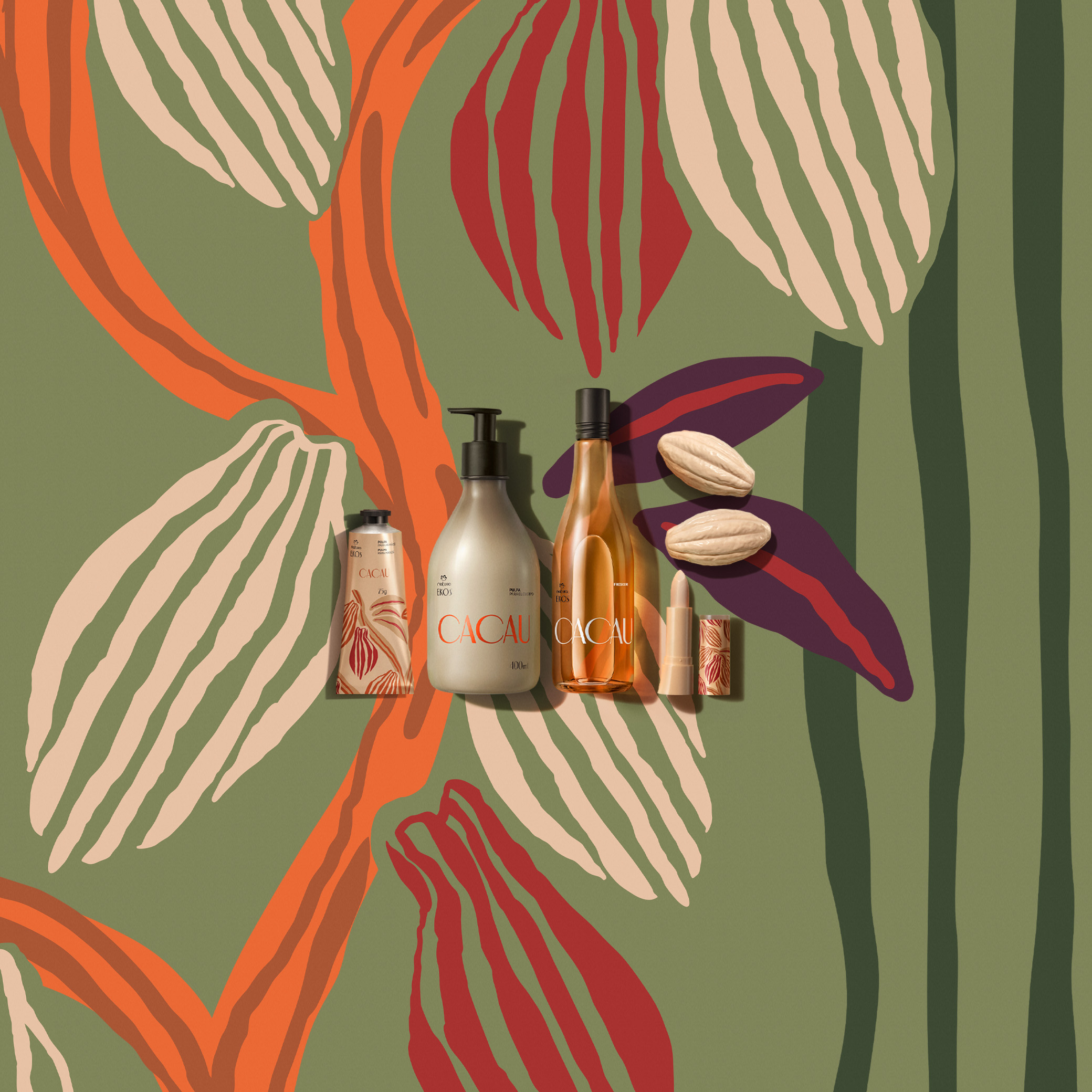 Linha Natura Ekos Cacau em destaque sobre fundo verde com ilustração de cacau. Os produtos incluem polpa para o corpo, protetor labial hidratante, polpa para as mãos, sabonetes e o frescor. 
