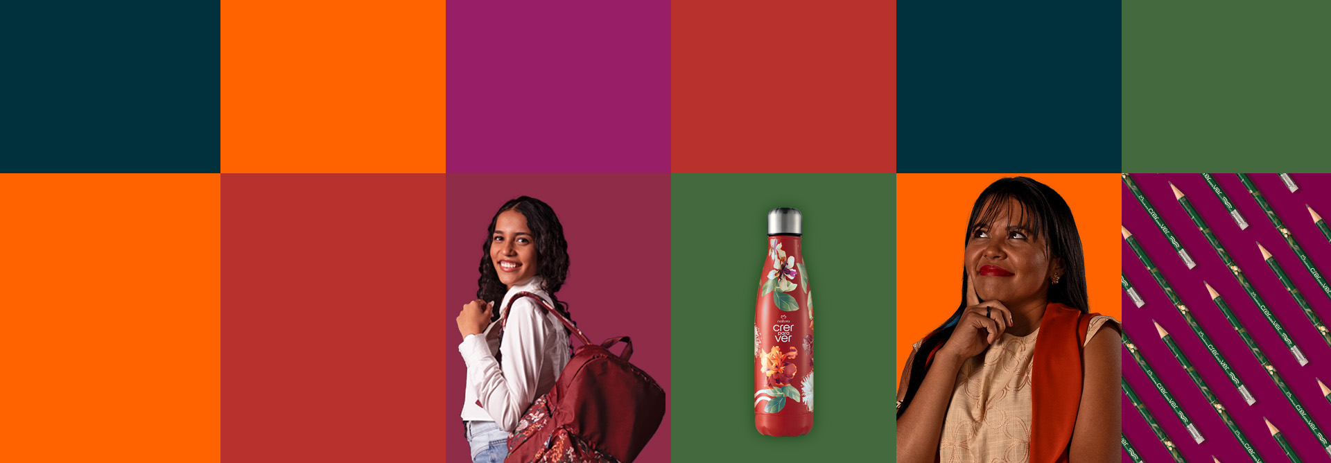 Banner estilo colagem com fundo de blocos geométricos coloridos em laranja, vermelho, roxo e verde, dividido em três partes: à esquerda, uma jovem de cabelo encaracolado com uma mochila floral escura; ao centro, uma garrafa de água vermelha com estampa floral e a frase "crer para ver"; e à direita, outra jovem em pose pensativa, olhando para cima, usando um lenço laranja, com um detalhe vertical de padrão de lápis verde-escuros no canto.