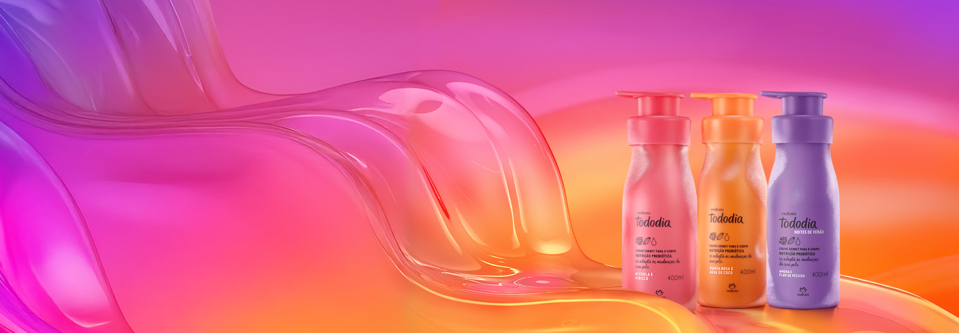 Creme Sorbet para o Corpo Tododia Acerola e Hibisco, Manga Rosa e Água de Coco e Amora e Flor de Pêssego aparecem com cristais de gelo sobre fundo aquoso e degradê em tons de rosa e amarelo.