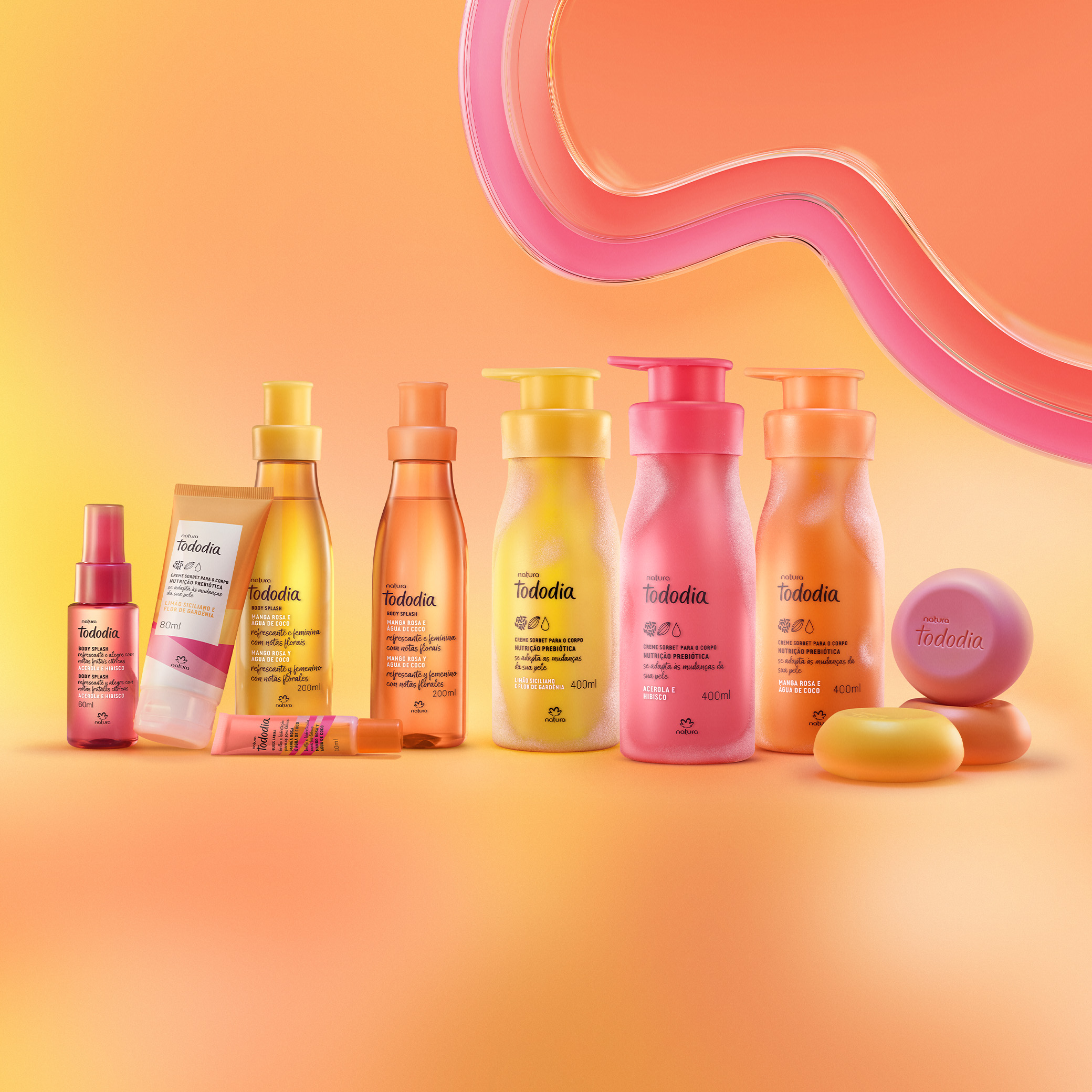 Linha Natura Tododia Verão com 11 itens variados nas fragrâncias de manga rosa, acerola e hibisco e limão siciliano.