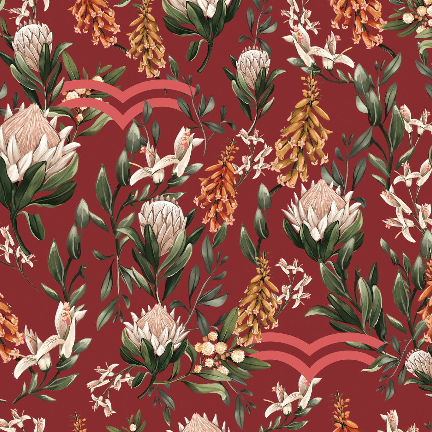 Imagem com fundo bordô, ilustrada pelo artista Lezio Lopes, mostrando diversas flores coloridas. Essa arte está presente na estampa da mochila e traz a marca "Natura Crer para Ver".