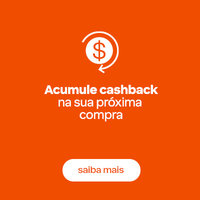 Fundo laranja com símbolo de moeda e seta circular acima do texto: Acumule cashback na sua próxima compra.
