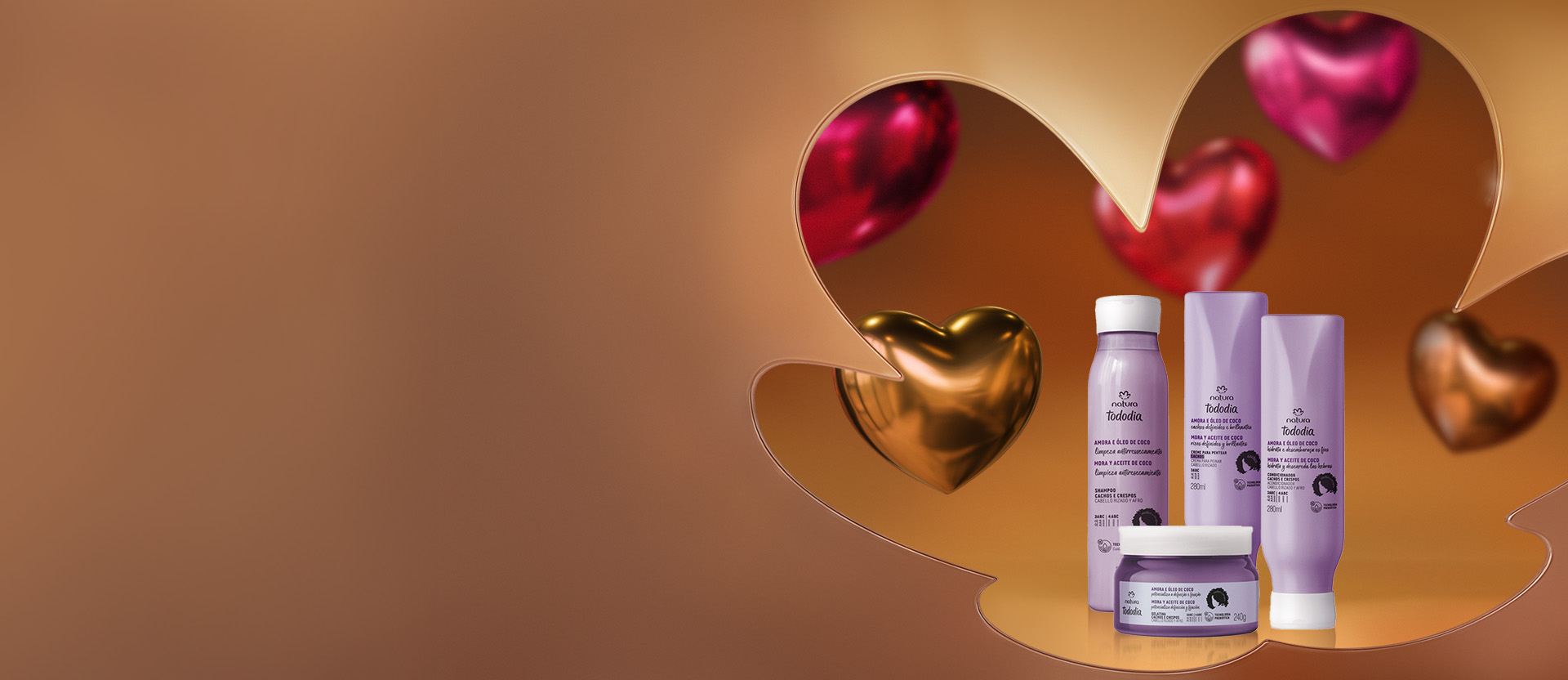 Produtos Natura Tododia com balões em formato de coração nas cores rosa e dourado emoldurados pela silhueta da rosácea Natura em tons de laranja. Abaixo, texto com as condições da oferta.