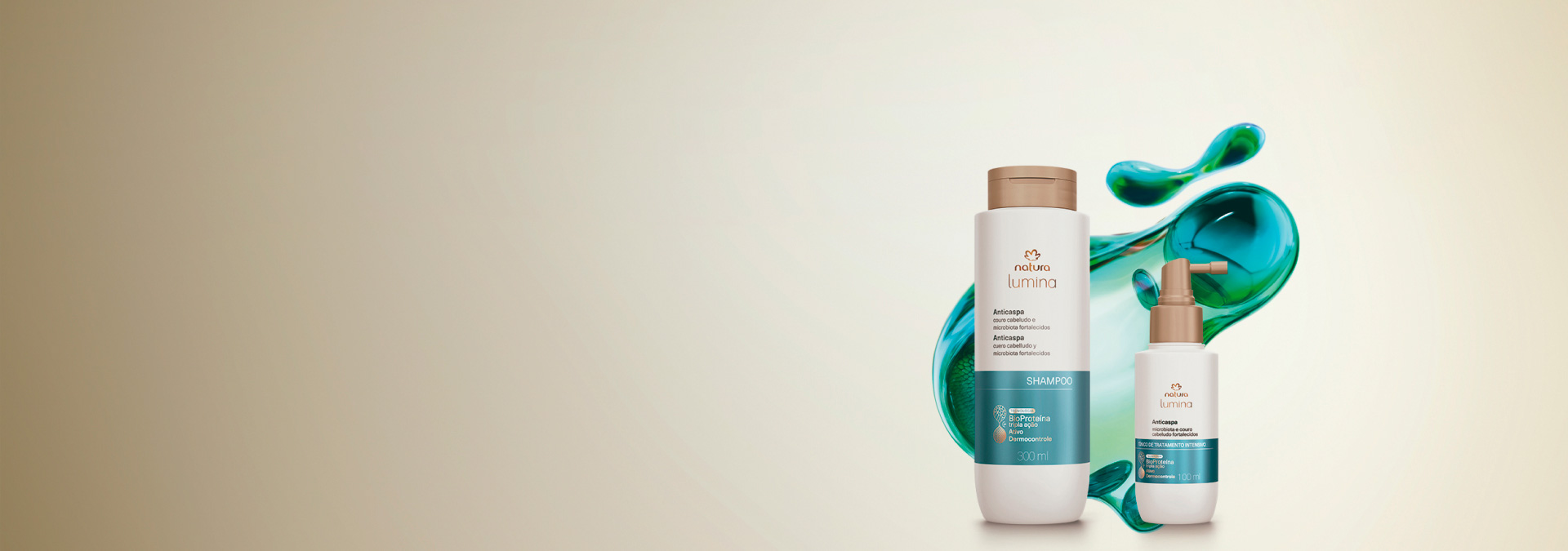 Fundo claro com linha Natura Lumina Anticaspa e partícula que destaca a tecnologia do produto