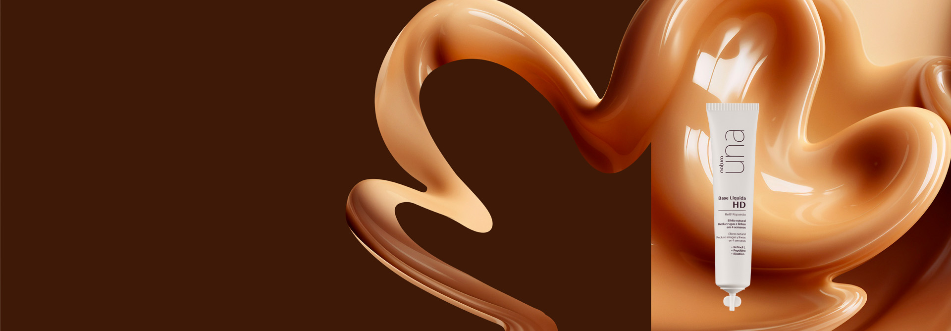 Refil Una Base Fluida HD, com bisnaga plástica branca, destaca-se no centro da tela. Ao fundo, texturas cremosas em tons de caramelo formam a flor símbolo da Natura.