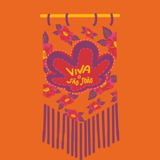 Viva o São João" dentro da rosácea da marca Natura e estampa de flores que remete ao tecido de chita em fundo laranja.