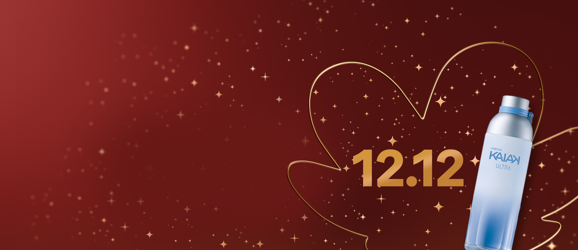 "Desodorante Colônia Kaiak Ultra Feminino. O produto está sobre um fundo vermelho-escuro com a flor símbolo da Natura e a data ""12.12"" em destaque. "