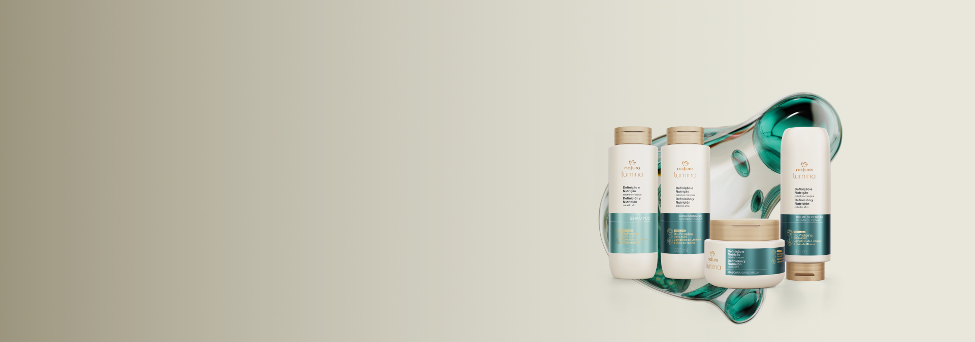 Imagem com fundo cinza e quatro produtos de Lumina Definição e Nutrição, com tecnologia da linha atrás.