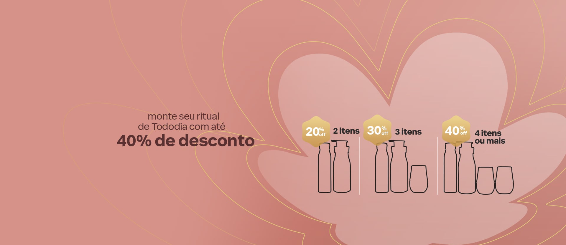 Silhuetas dos produtos Natura centralizadas na flor da marca Natura em tons de rosa, com as condições de desconto progressivo.