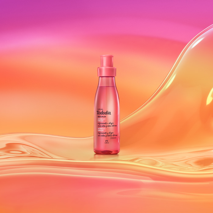 Frasco spray rosa de Body Splash Tododia Acerola e Hibisco sobre grafismo e fundo em laranja com rosa.