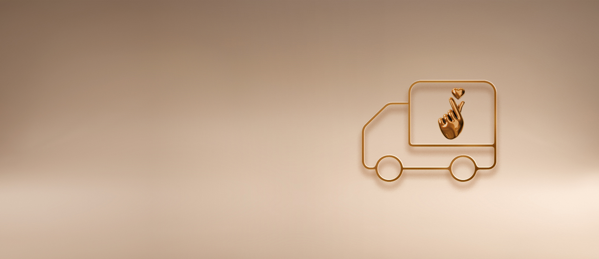 Ilustração de caminhão com uma mão formando um coração com os dedos, em fundo dourado.
