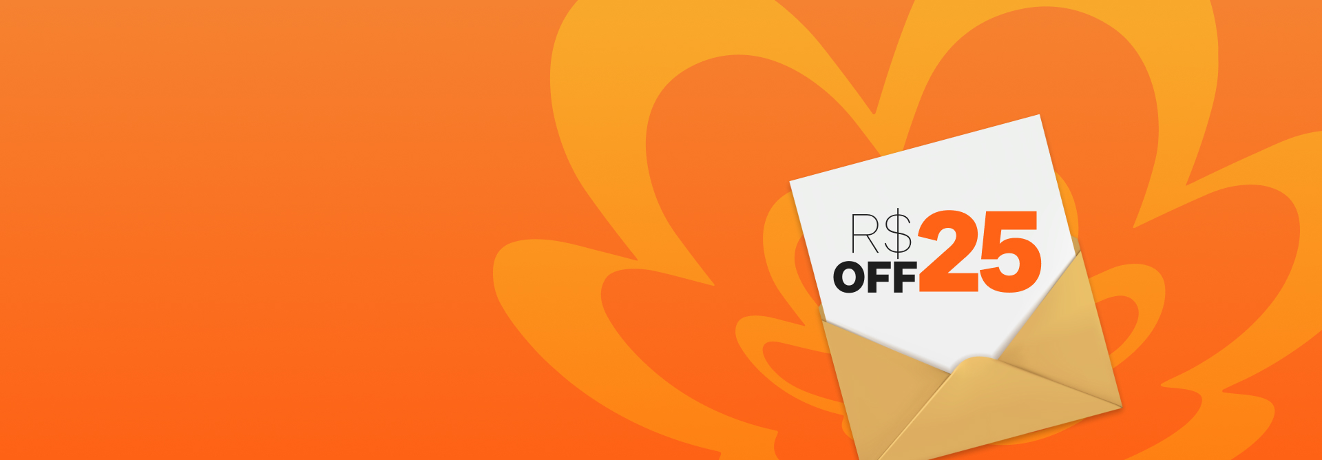 Envelope pardo aberto revelando bilhete com o texto: “R$ 25 OFF”, sobre fundo com flor símbolo da Natura em amarelo e laranja.