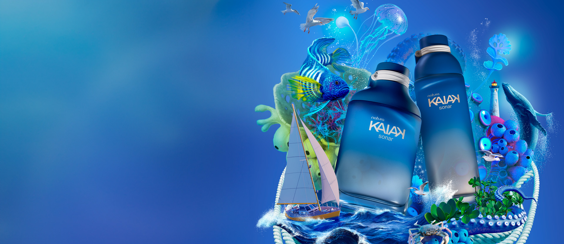 Dois frascos do Novo Kaiak Sonar com elementos marinhos em fundo azul, como se os produtos estivessem em alto-mar.