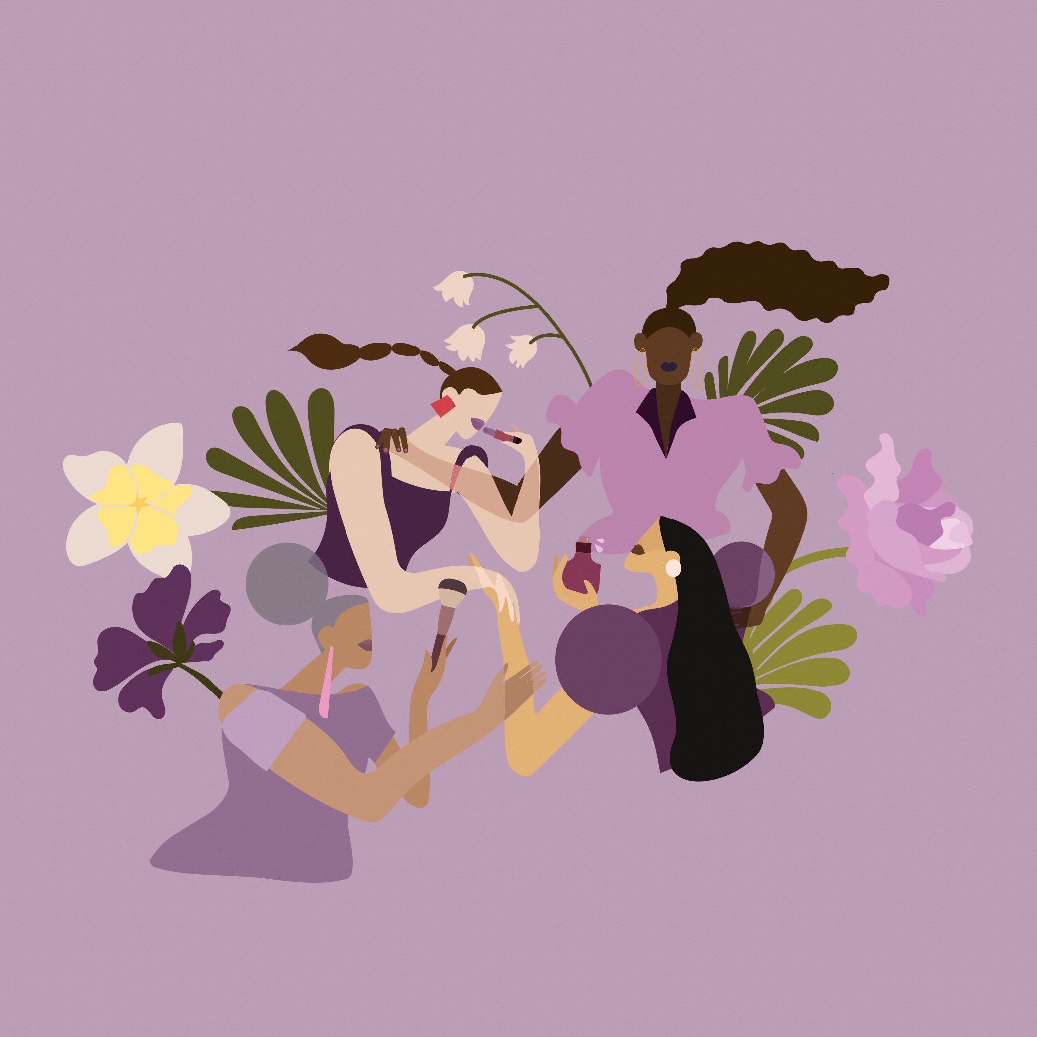 Fundo lilás com ilustração colorida que represente mulheres aplicando os produtos de Natura Una em meio a flores e folhas. Desenho em tons de roxo, verde, marrom e bege. 