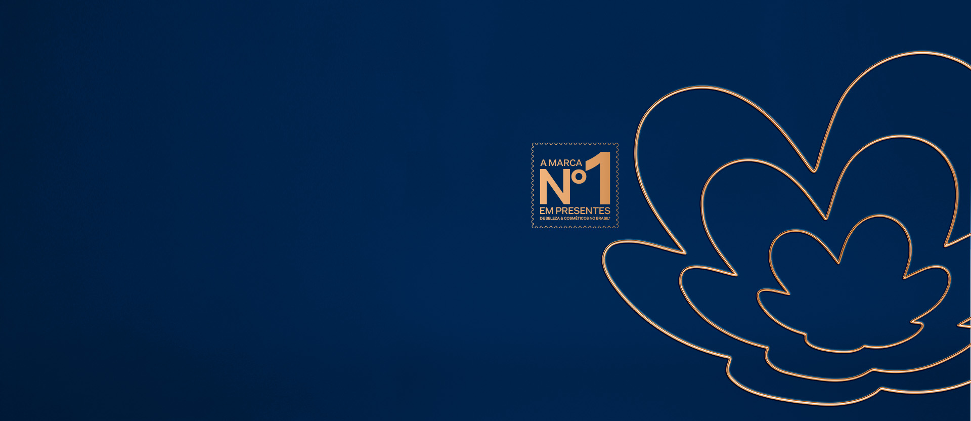 Linhas da rosácea Natura em dourado e em fundo azul-escuro, com selo “A marca nº 1 em presentes de beleza e cosméticos no Brasil” em dourado.