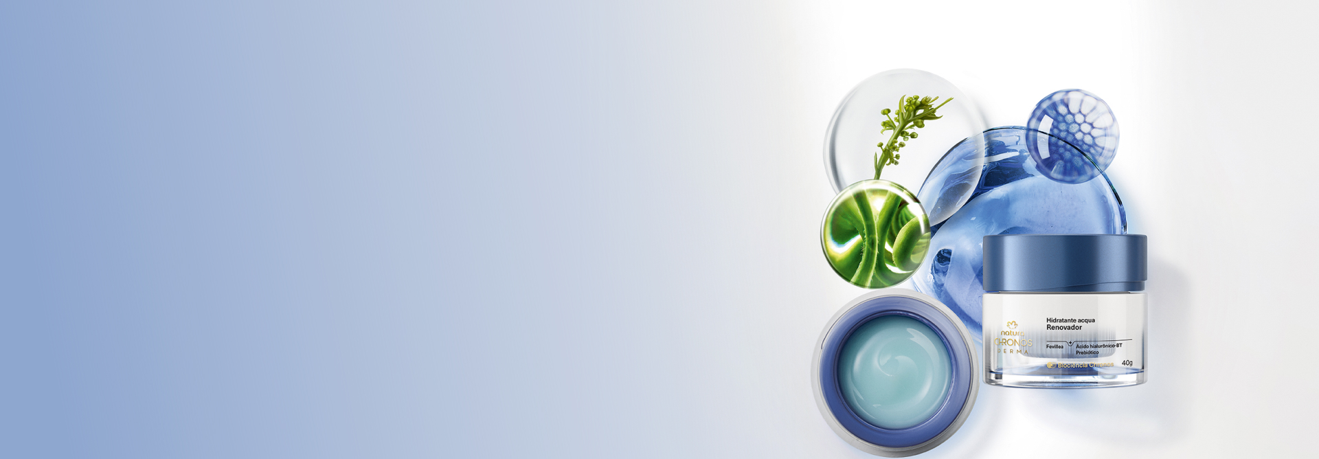 Produto Natura Chronos Derma com elementos orgânicos e ingredientes em fundo azulado.