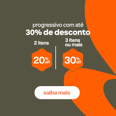 Fundo cinza-escuro com a flor símbolo da Natura em laranja. Texto aplicado: progressivo com até 30% de desconto. 2 itens 20% OFF. 3 itens ou mais 30% OFF. Botão: saiba mais.