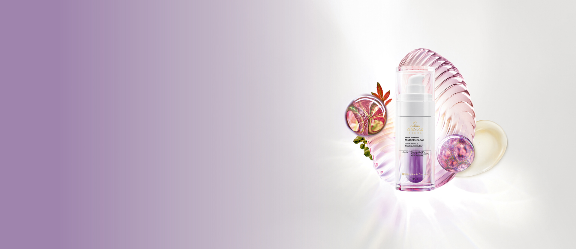 Produto Natura Chronos Derma com elementos orgânicos e ingredientes em fundo com tons de lilás