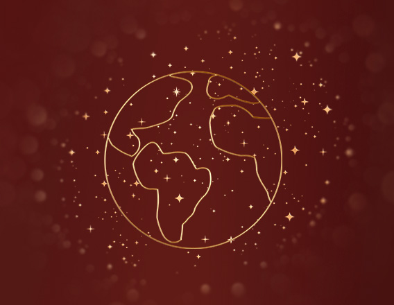 Ilustração de um globo estilizado em traço dourado mostrando as Américas, a Europa e a África, com pontos e estrelas ao redor. Fundo vermelho escuro com brilho difuso.
