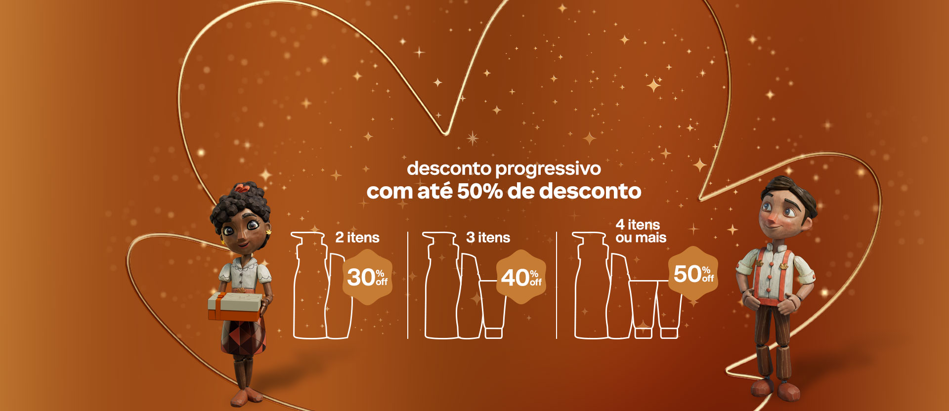 Flor Natura e estrelas douradas em fundo vermelho, com o texto: desconto progressivo com até 50% de desconto. 2 itens 30% OFF 3 itens 40% OFF 4 itens ou mais 50% OFF.