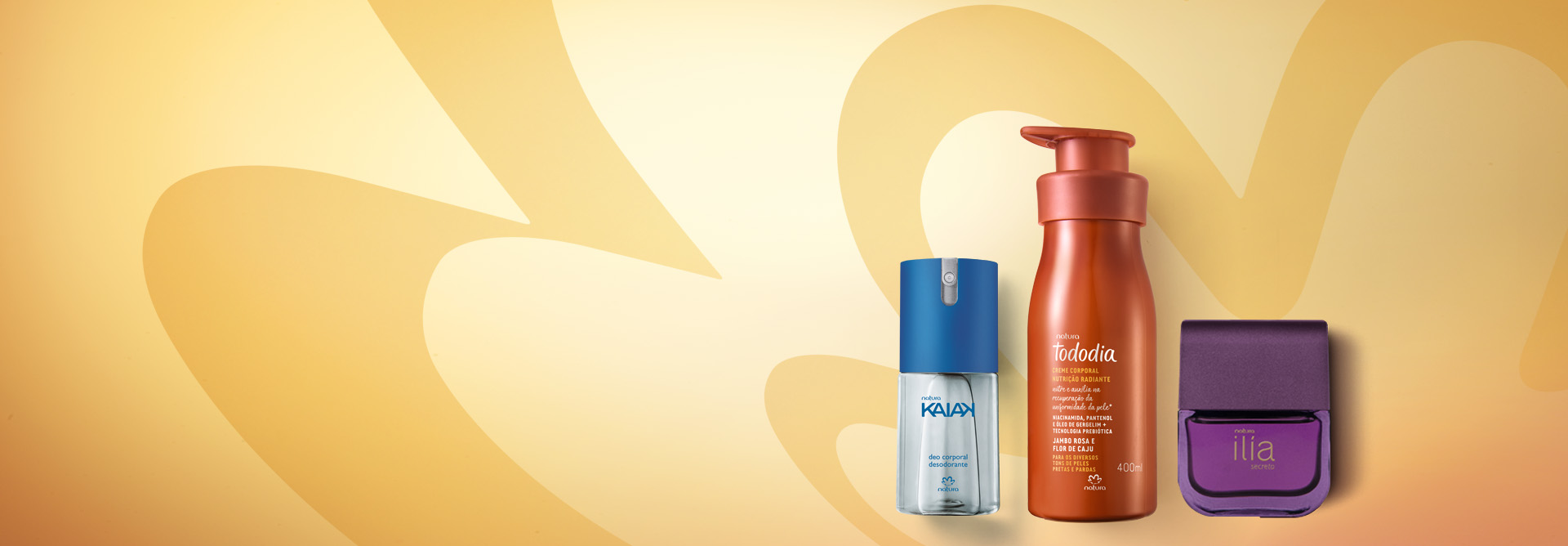 Produtos Natura em fundo amarelo com parte da rosácea da marca Natura.